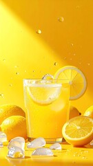 A vibrant, refreshing drink with lemon slices and ice against a bright yellow background.