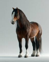 Obraz premium Brown horse standing proudly on white background.Stunning full-body view of a brown horse with long mane. Majestic stance and detailed rendering, perfect for nature and animal themes.
