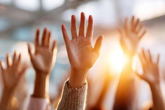 Team unity shown through artistic interpretation, team celebration represented abstractly, team momentum captured in raised hands