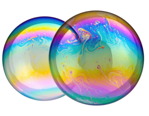 Two iridescent soap spheres with colorful swirling patterns, on black backdrop