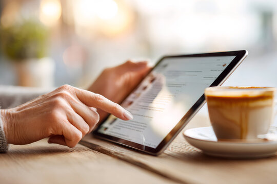 Blogger reads blog comment on digital tablet. Blogger using touch screen device. Social media engagement, modern web application.