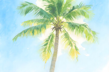 Watercolor depiction of a solitary palm tree against a light blue sky evoking a tropical vibe