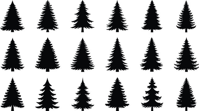 Pine tree silhouette collection with 20 unique shapes—black vector illustration for forest, nature, landscape, botany, and design themes