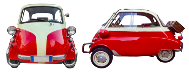 Small Classic car, Red, front and side, Isolated on transparent background.