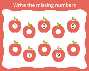 Write the missing numbers in apples. Children's educational game. Score 1-10.