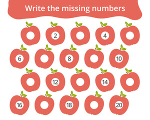 Missing number worksheet for kids with apples, count and write numbers from 1 to 20, great for preschool math learning and early number practice.