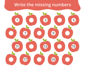 Missing number worksheet for kids with apples, count and write numbers from 1 to 20, great for preschool math learning and early number practice.