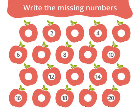 Missing number worksheet for kids with apples, count and write numbers from 1 to 20, great for preschool math learning and early number practice.