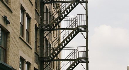 Exterior view of a brick building with metal fire escape against cloudy sky