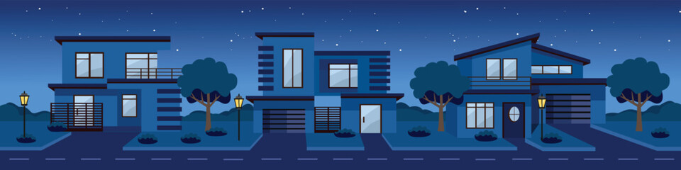 Modern housing area. City house in the evening. Midnight urban house. Home landscape. Modern villa. Residential neighborhood. 