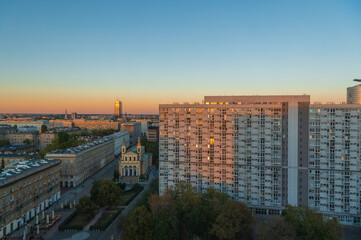 Warsaw Wola district &ndash; Za Żelazną Bramą estate with high-rise residential blocks and church on Chłodna Street at sunset