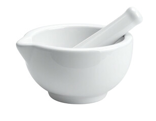 A white ceramic mortar and pestle, set against a solid black background