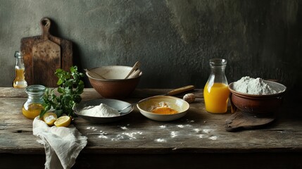 Rustic Baking Ingredients on Vintage Wooden Tabletop for Culinary Theme