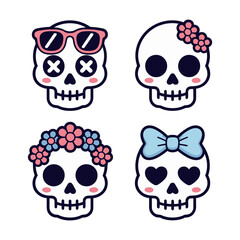 cute sugar skull stickers, pastel faces with bows and flowers, heart eyes, adorable halloween pack, printable vector collection