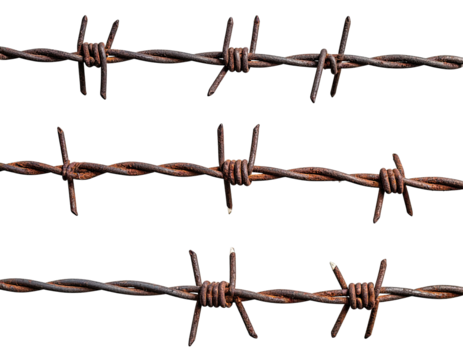 Close-up of three parallel strands of rusty barbed wire against a black background