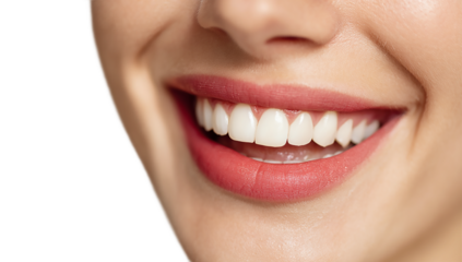 Close up of a woman's smile showing her perfect white teeth and lips isolated on transparent background