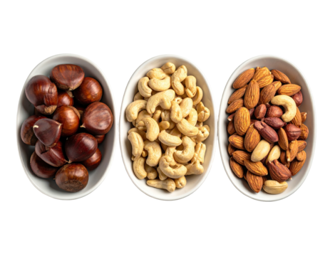 Three white bowls, each filled with a different type of nut, against black backdrop