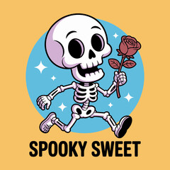 running skeleton holding rose, spooky sweet lettering style, starry circle backdrop, playful romantic halloween art, cute vector