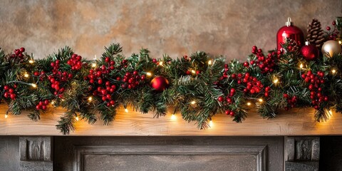 A festive Christmas garland with red berries and lights, placed on a wooden mantle with a textured wall in the background.