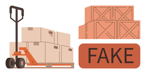 Hand trolley loaded with cardboard boxes beside packing crates and fake tag. Ideal for supply chain, shipping, counterfeit detection, fraud prevention, logistics, warehouse, and e-commerce. Simple