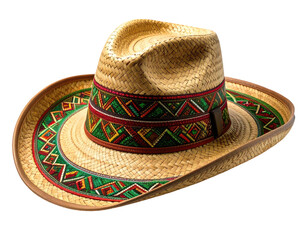 Woven straw hat with colorful patterned band and brim trim