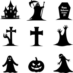 Nine Scary Halloween Silhouette Icons and Symbols Set