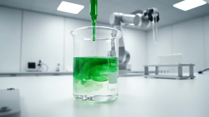 Robotic arm precisely dispenses green chemical liquid into a beaker with clear solution - Powered by Adobe
