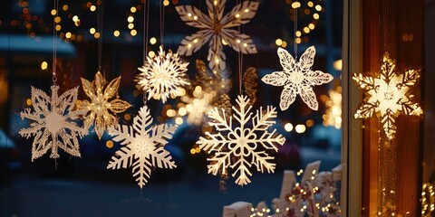 Christmas window display with snowflakes and lights, featuring a variety of white and gold snowflakes hanging from the window, with a warm, cozy glow from the lights behind them.