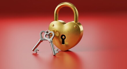 Golden heart shaped padlock with keys on red background