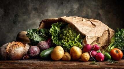 Paper Bag of Fresh Fruits & Veggies on Table (Bread Spilling Out) – Dark Gray Background, Highlights Quality Produce at Great Price for Fresh Food Promotion