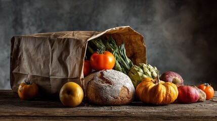 Paper Bag of Fresh Fruits & Veggies on Table (Bread Spilling Out) – Dark Gray Background, Highlights Quality Produce at Great Price for Fresh Food Promotion