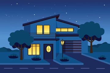 Modern housing area. Home building at night. Night house. Home architecture. City house building.