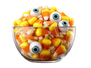 Halloween Candy Bowl PNG Cutout: Candy Corn & Eyeballs (Isolated on Transparent Background, Multicolored Candy Corn)