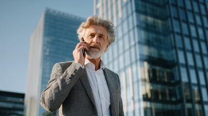 Senior businessman with gray hair having phone conversation using smartphone standing outdoors, looking away with background of contemporary glass office buildings under clear sky.