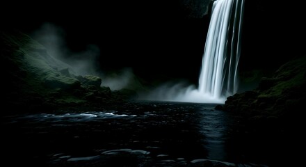 Mysterious nighttime waterfall cascades into dark waters amidst shadows. Moody ambiance with darks & greens. Serene yet eerie concept. AI Generated