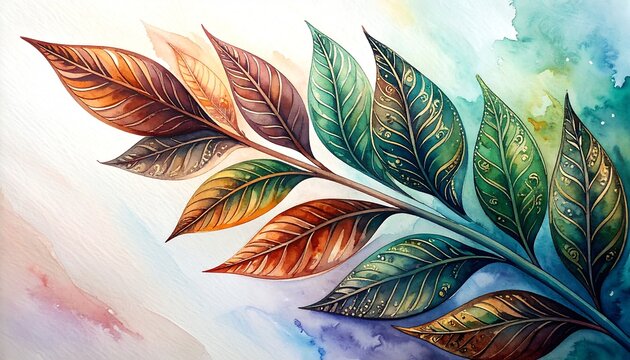 Fototapeta Artistic Watercolor Branch with Leaves Displaying a Rich Gradient of Fall and Teal Hues, Adorned with Golden Batik Motifs