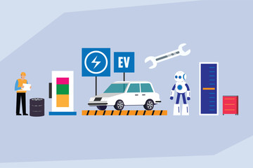 Electric Vehicle (EV) Charging and Maintenance Station with Technician and AI Robot 2d flat vector illustration