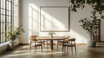 Serene dining room with blank artwork ready for your personal touch, a bright and airy space perfect for family gatherings or modern home interiors