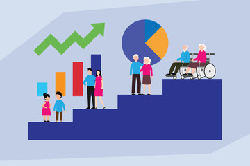 Obraz na płótnie Canvas Demographic Shift and Population Aging with Different Generations on a Financial Growth Chart 2d flat vector illustration