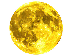 A vibrantly colored, textured moon with golden hues and a black background