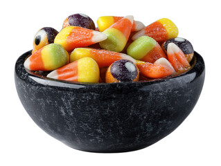 Spooky Halloween Candy Bowl PNG Cutout: Black Bowl with Candy Corn & Eyeballs (Transparent/White Background for Graphic Design & Post-Effects)