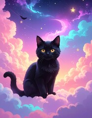 Pastel Halloween Illustration Surreal Pastel Black Cat Floating in Candy Clouds cute spooky kawaii art for holiday design and seasonal decoration