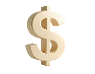 A 3D rendered dollar sign with a subtle gold finish, floating in space