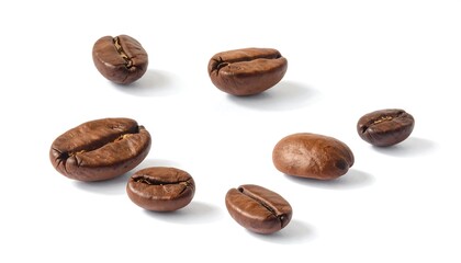 Naklejka premium Roasted coffee beans scattered on white background