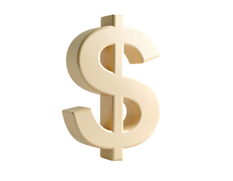A 3D rendered dollar sign with a subtle gold finish, floating in space