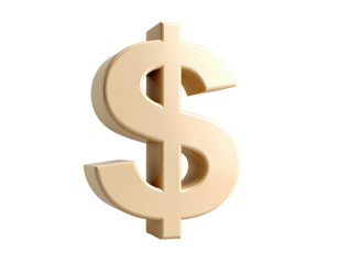 3D gold dollar sign, isolated on black background, with subtle shadowing
