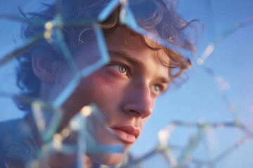 A young man with curly hair sitting by the window, gazing out at the sunset with a thoughtful expression. Soft warm light creates a serene atmosphere. Concept of introspection and contemplation during