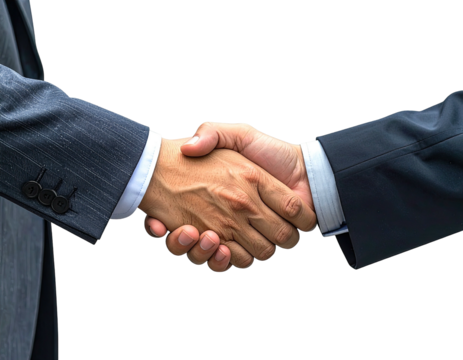 Close-up of two hands in a handshake, wearing business suits, isolated