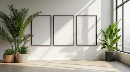 Elevate your brand with this modern interior featuring blank frames and lush plants, perfect for showcasing art, designs, or promotional content today