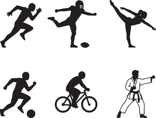 Diverse Sports Silhouettes Running Football Martial Arts Cycling Soccer.